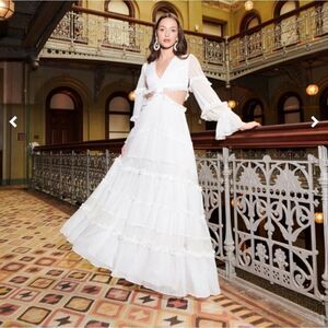 PatBo White Cutout Lace-Trim Linen V-Neck Maxi Dress – Women’s Designer Dress